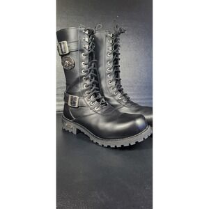 Xelement  Black Motorcycle Biker Boots Men's 11 Leather Belts Hard Toe Chrome